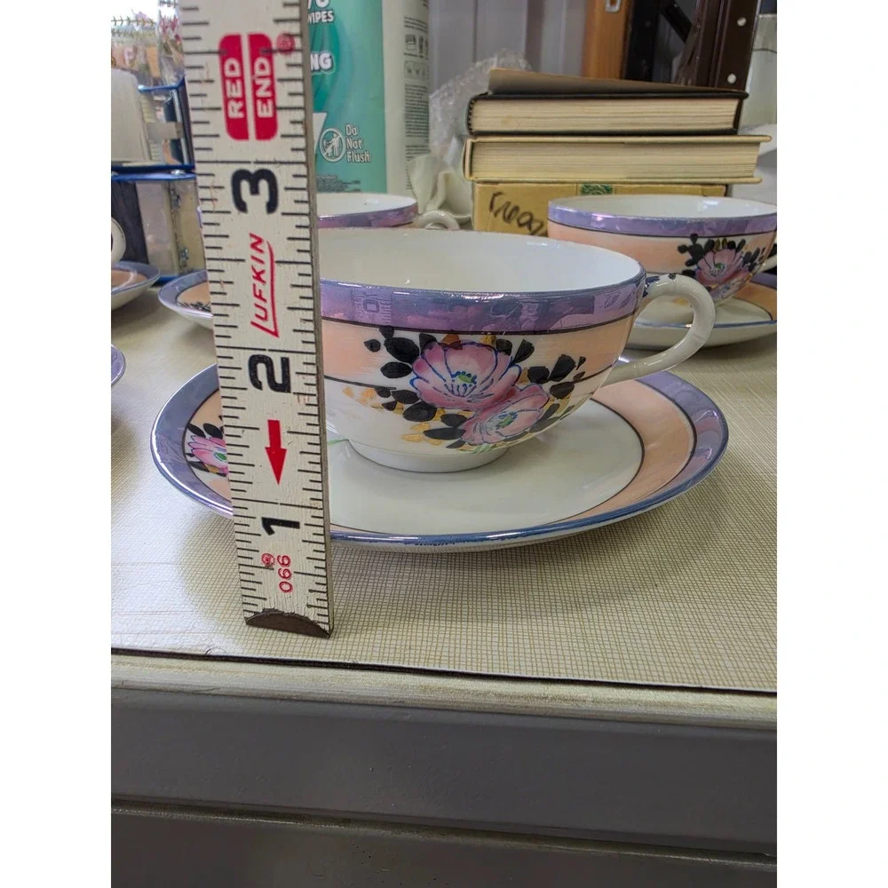 Vintage Japanese Lusterware Tea Cup and Saucer Set Hand Painted Floral 10 Piece